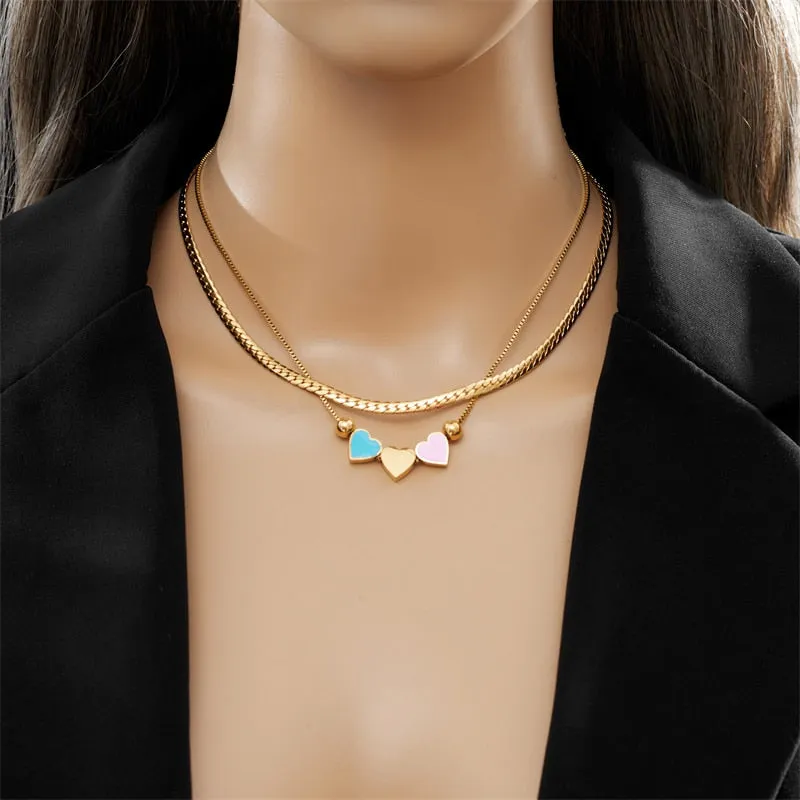 316L Stainless Steel Double Layer Lovely Heart Charm Necklace For Women
