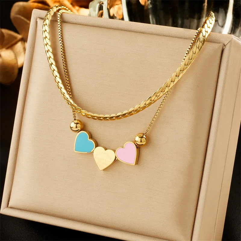 316L Stainless Steel Double Layer Lovely Heart Charm Necklace For Women
