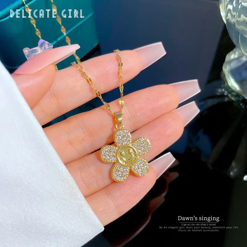 316L Stainless Steel Flower Smile Pendant Necklace For Women