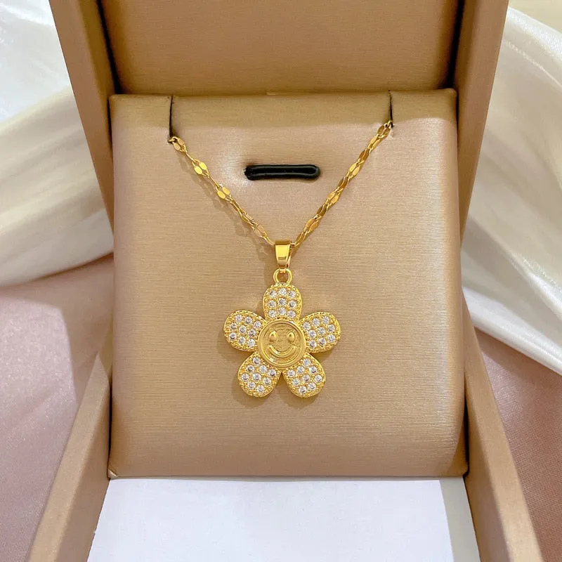 316L Stainless Steel Flower Smile Pendant Necklace For Women