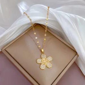 316L Stainless Steel Flower Smile Pendant Necklace For Women