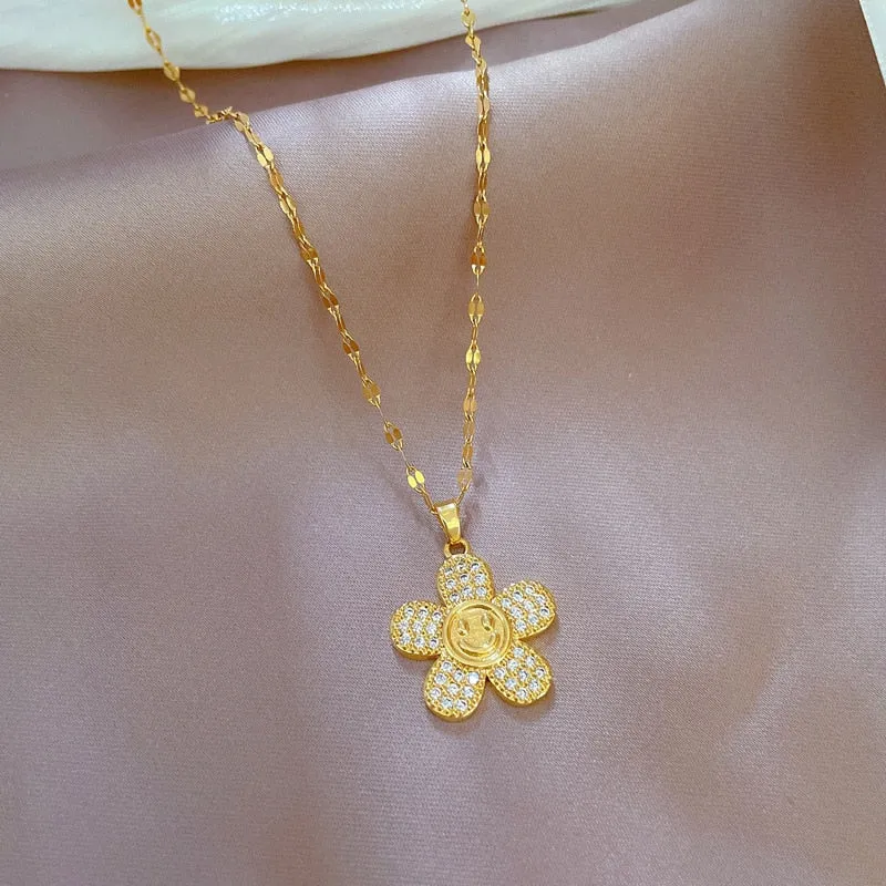 316L Stainless Steel Flower Smile Pendant Necklace For Women