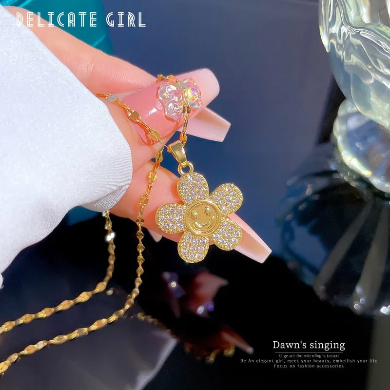 316L Stainless Steel Flower Smile Pendant Necklace For Women