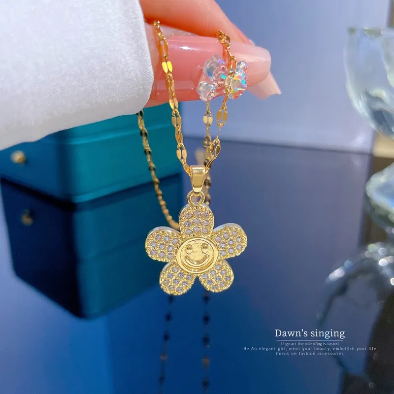 316L Stainless Steel Flower Smile Pendant Necklace For Women