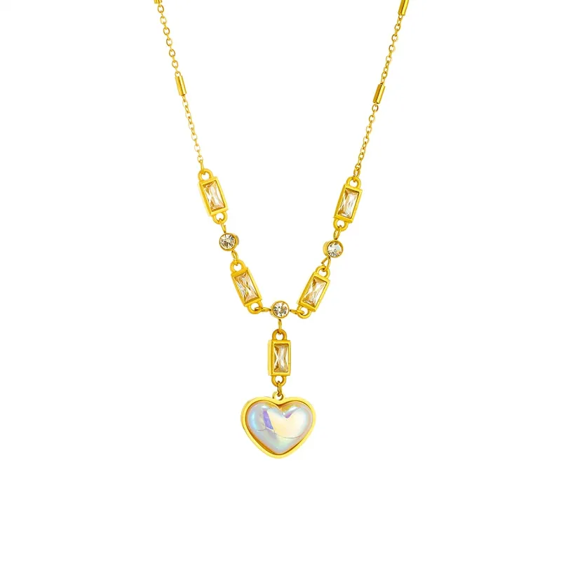 316L Stainless Steel Large Heart Dazzling Pearl Pendant Necklace For Women