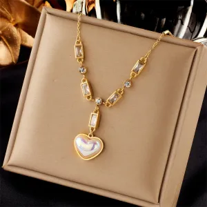 316L Stainless Steel Large Heart Dazzling Pearl Pendant Necklace For Women