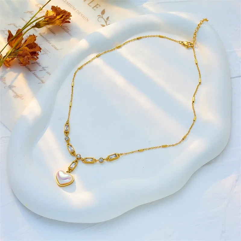 316L Stainless Steel Large Heart Dazzling Pearl Pendant Necklace For Women