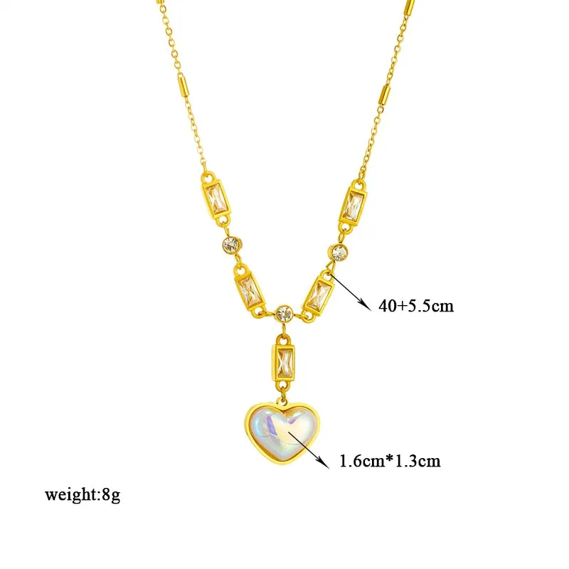 316L Stainless Steel Large Heart Dazzling Pearl Pendant Necklace For Women