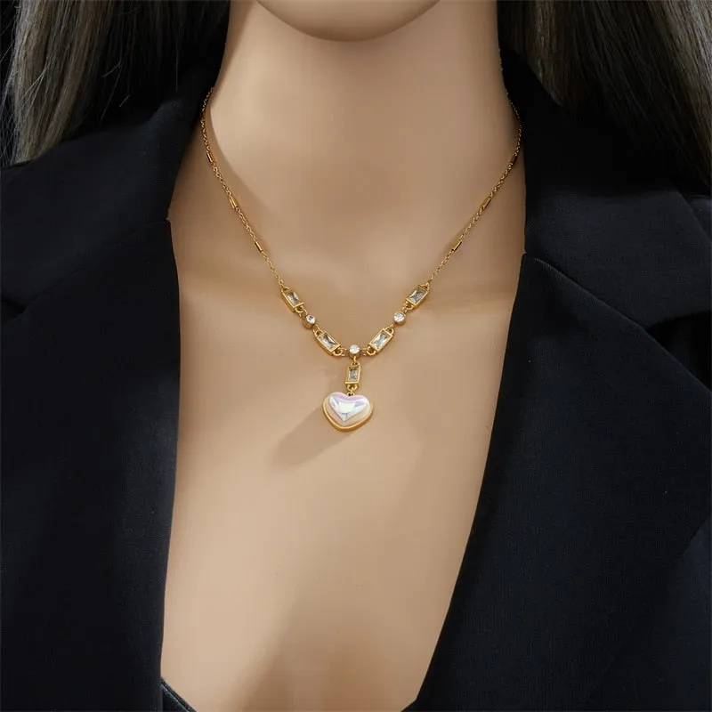 316L Stainless Steel Large Heart Dazzling Pearl Pendant Necklace For Women