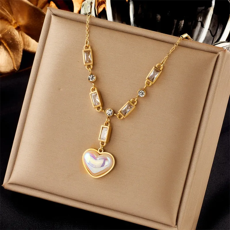 316L Stainless Steel Large Heart Dazzling Pearl Pendant Necklace For Women