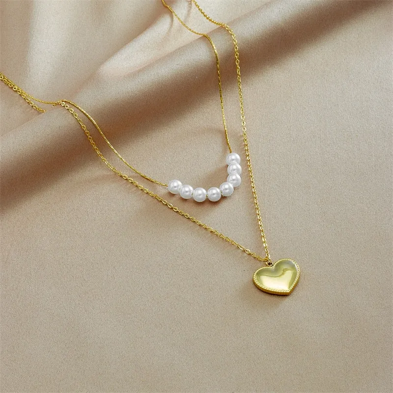 316L Stainless Steel Large Pearl Heart Pendant Necklace For Women