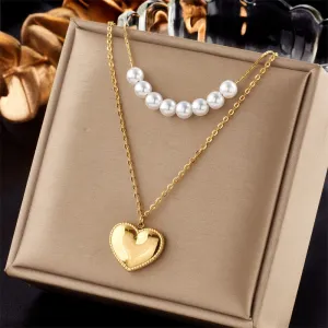 316L Stainless Steel Large Pearl Heart Pendant Necklace For Women