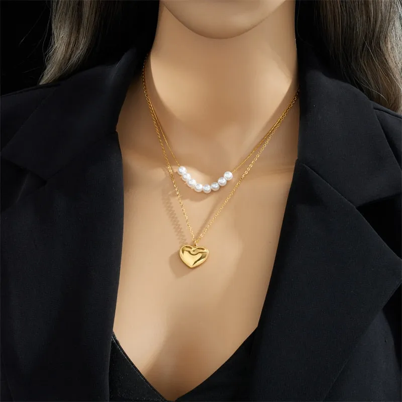 316L Stainless Steel Large Pearl Heart Pendant Necklace For Women