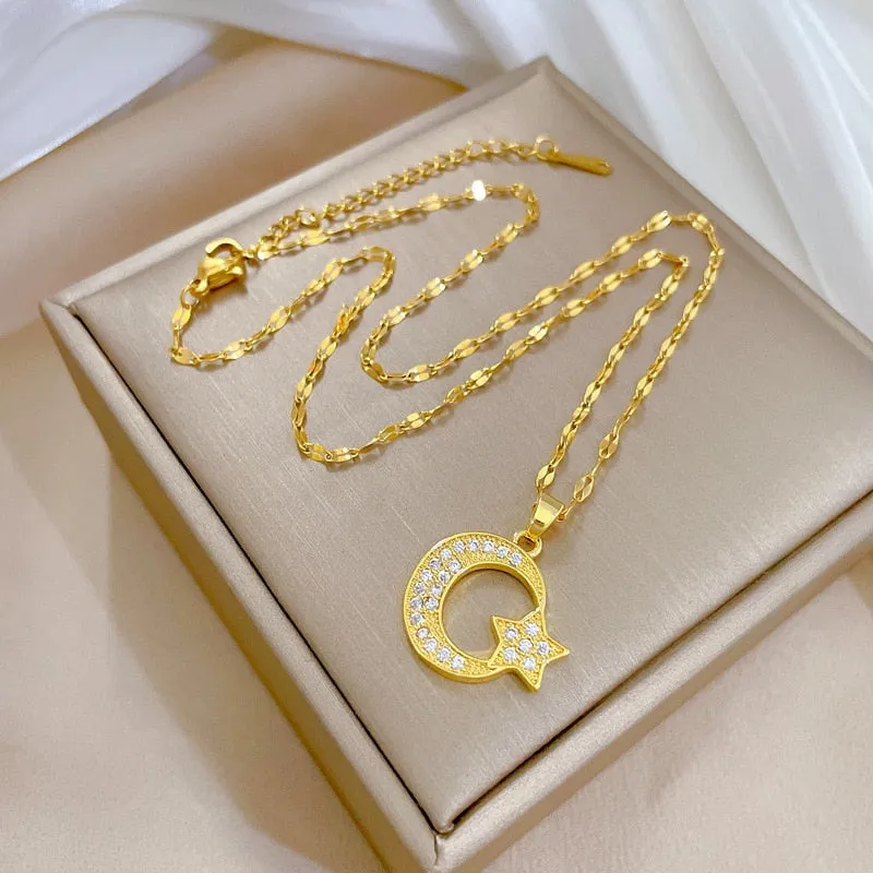 316L Stainless Steel Moon Stars Pendant Necklace For Women