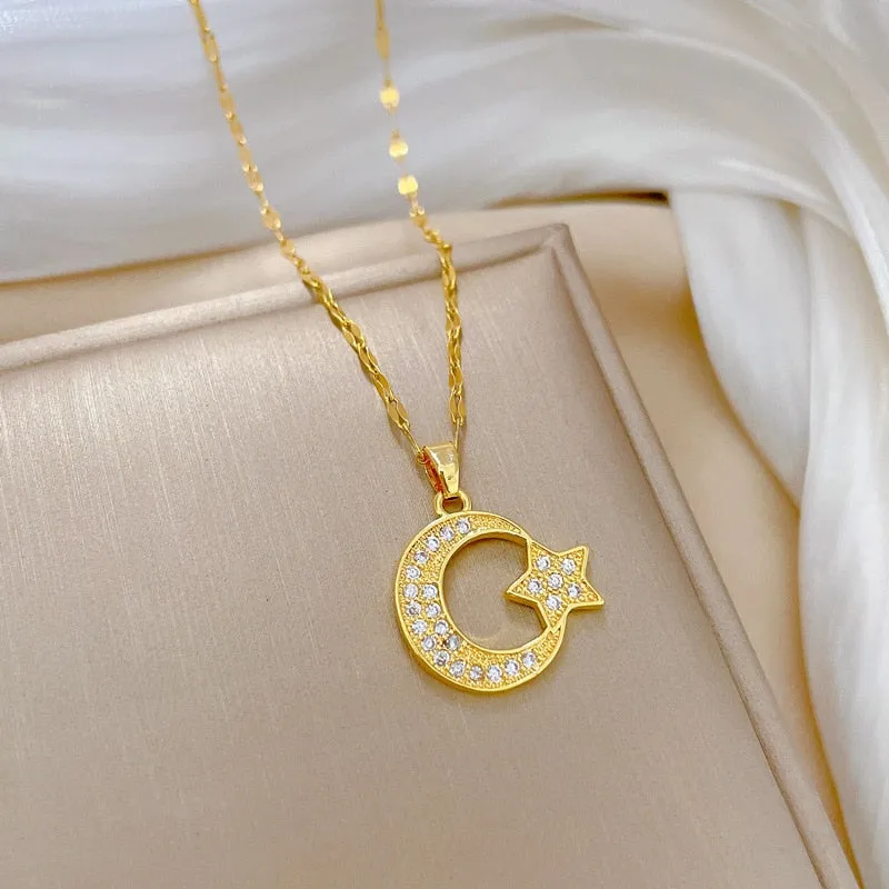 316L Stainless Steel Moon Stars Pendant Necklace For Women