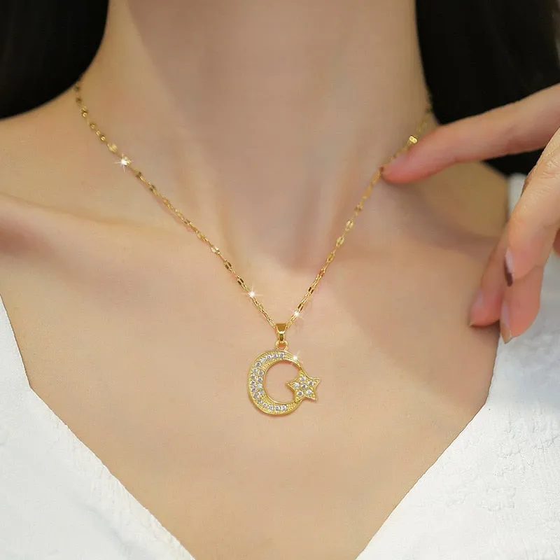 316L Stainless Steel Moon Stars Pendant Necklace For Women