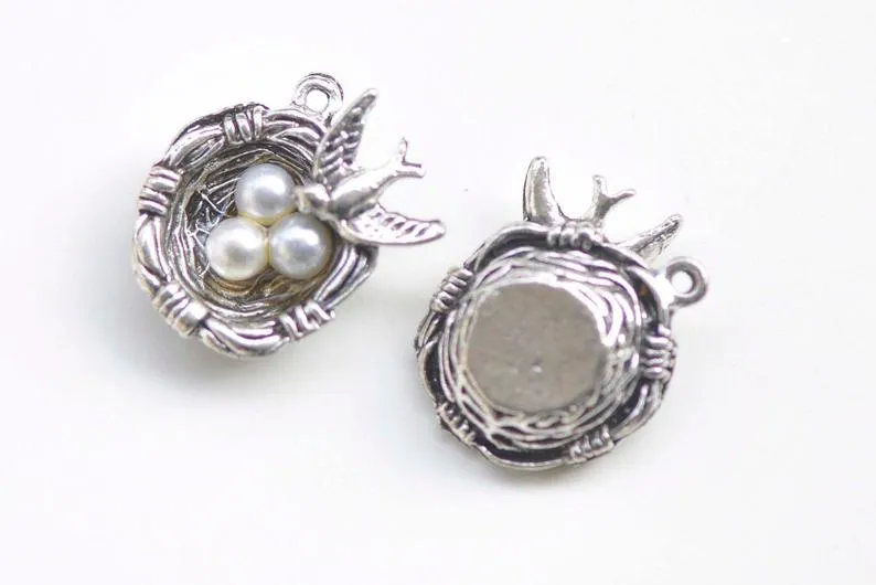 6 pcs Bird And Three Eggs In Nest Charms Pendants