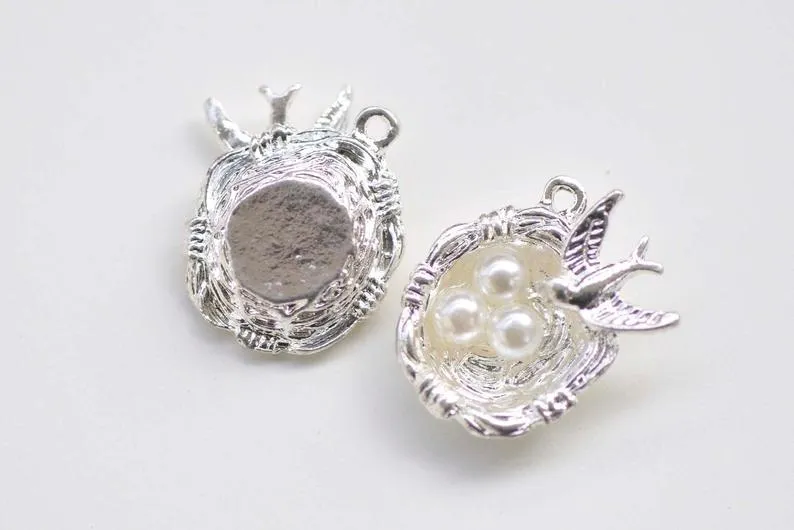 6 pcs Bird And Three Eggs In Nest Charms Pendants