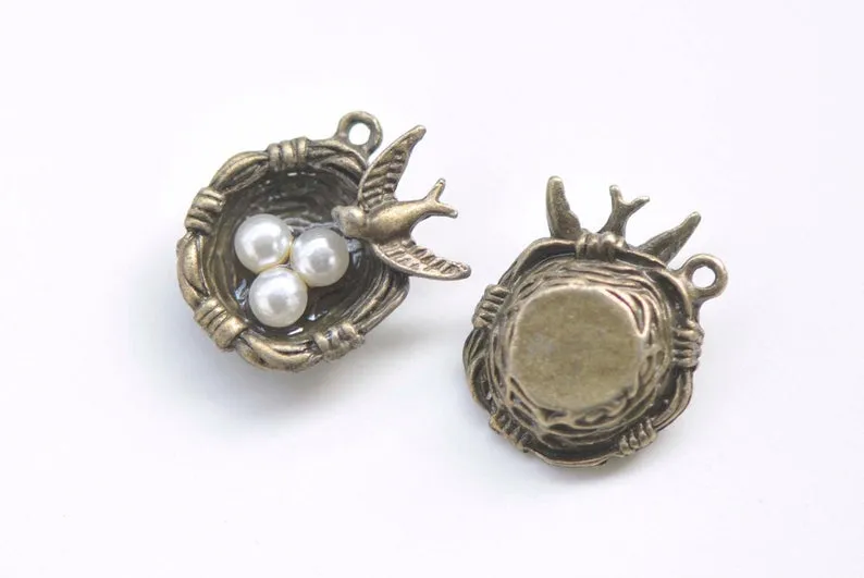 6 pcs Bird And Three Eggs In Nest Charms Pendants