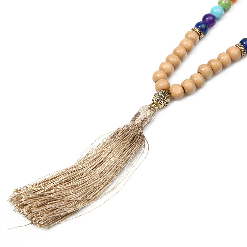 8mm Wooden Beads 7 Chakras 108 Mala Necklace Meditation Yoga Japamala Jewelry