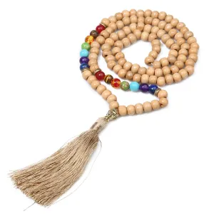 8mm Wooden Beads 7 Chakras 108 Mala Necklace Meditation Yoga Japamala Jewelry