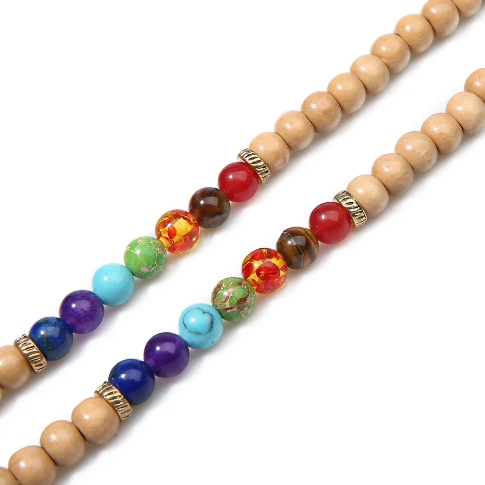 8mm Wooden Beads 7 Chakras 108 Mala Necklace Meditation Yoga Japamala Jewelry