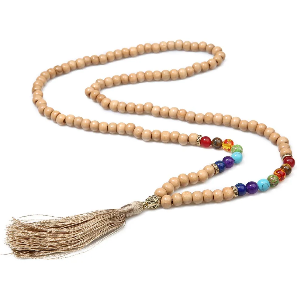 8mm Wooden Beads 7 Chakras 108 Mala Necklace Meditation Yoga Japamala Jewelry