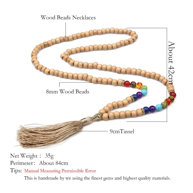 8mm Wooden Beads 7 Chakras 108 Mala Necklace Meditation Yoga Japamala Jewelry