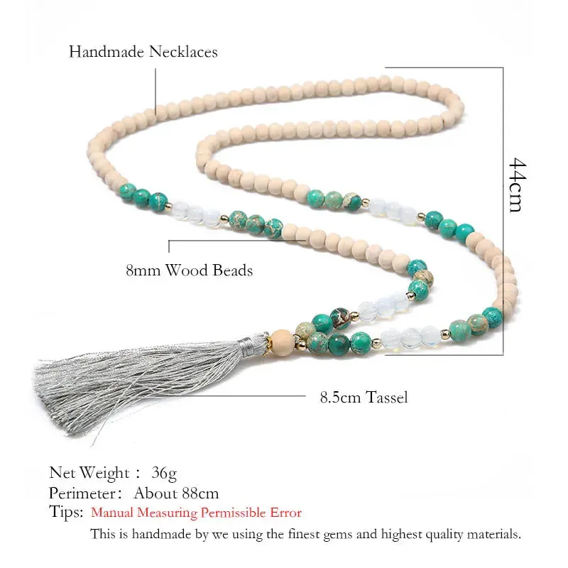 8mm Wooden Beads Emperor Stone Opal Beaded Necklace 108 Japamala Meditation
