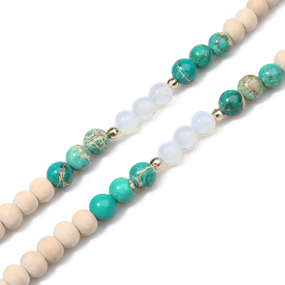 8mm Wooden Beads Emperor Stone Opal Beaded Necklace 108 Japamala Meditation