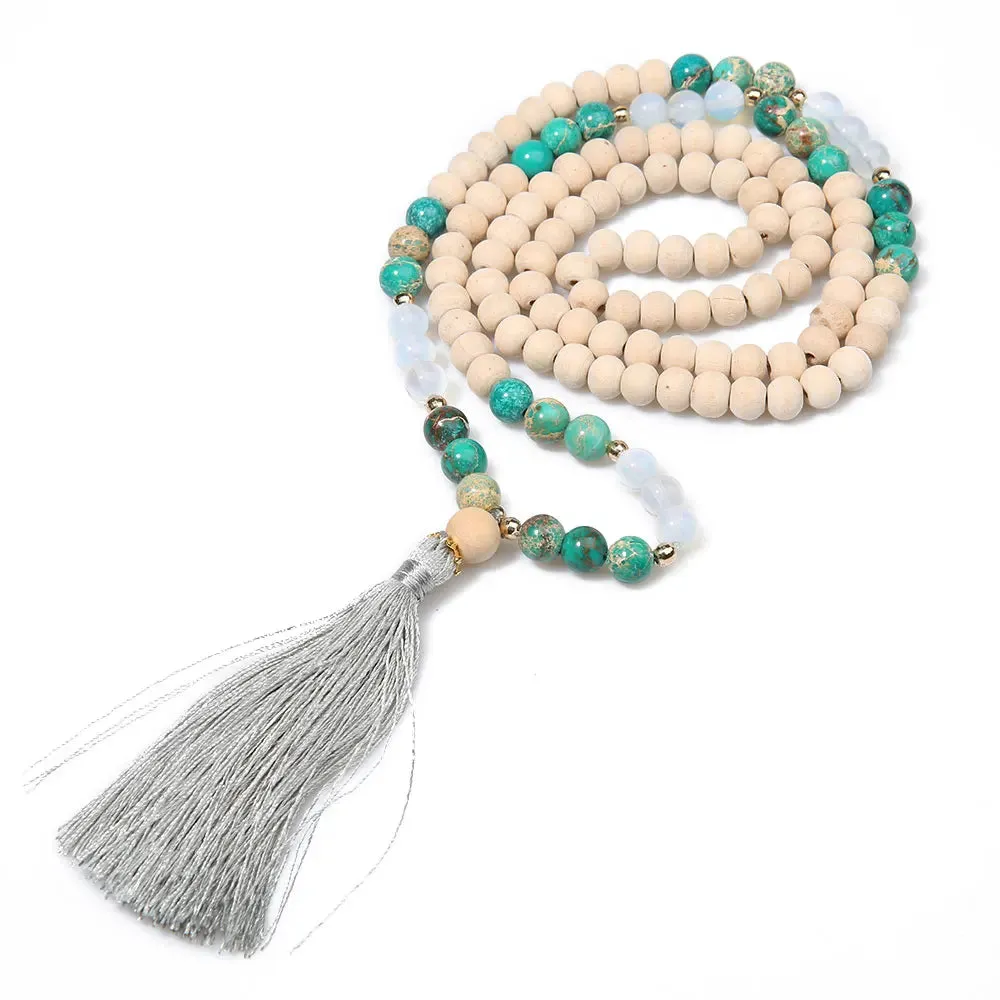 8mm Wooden Beads Emperor Stone Opal Beaded Necklace 108 Japamala Meditation