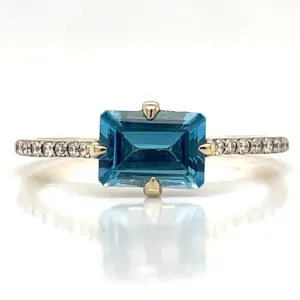 9ct Yellow Gold Earth Grown Horizontal Emerald Cut Blue Topaz & Diamond Shoulder Ring