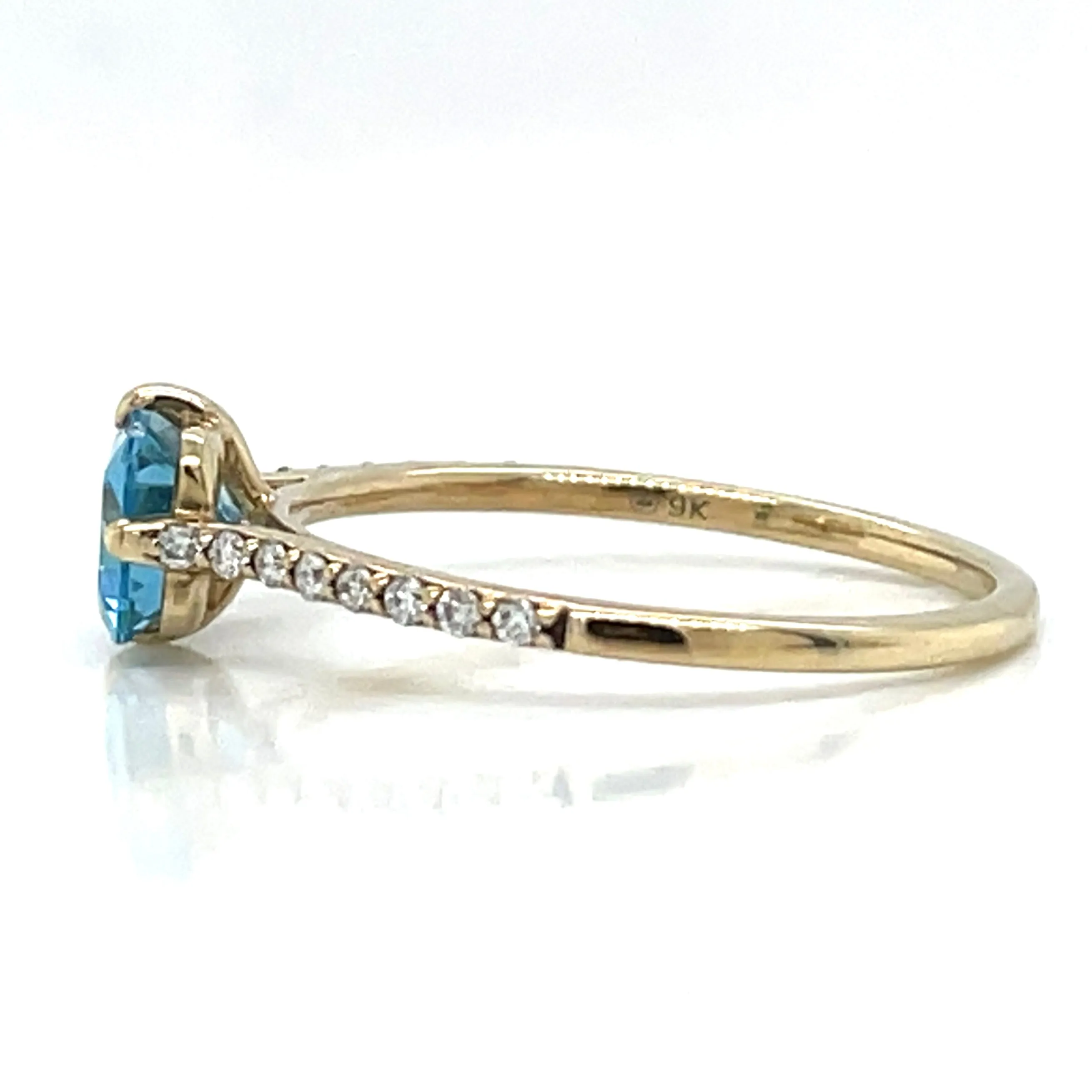 9ct Yellow Gold Earth Grown Horizontal Emerald Cut Blue Topaz & Diamond Shoulder Ring