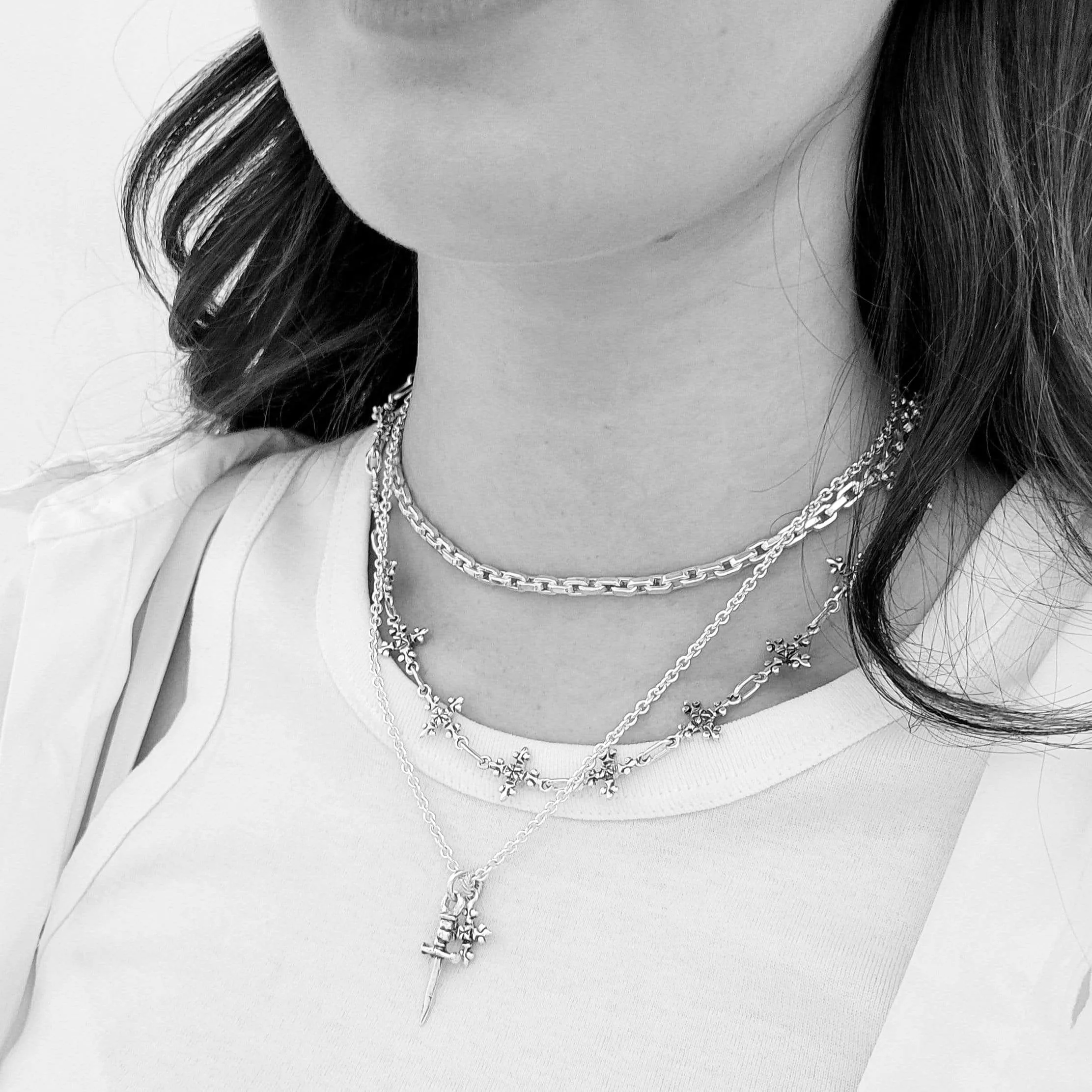 Antique French Cross Chain Link Necklace in Sterling Silver, 14mm