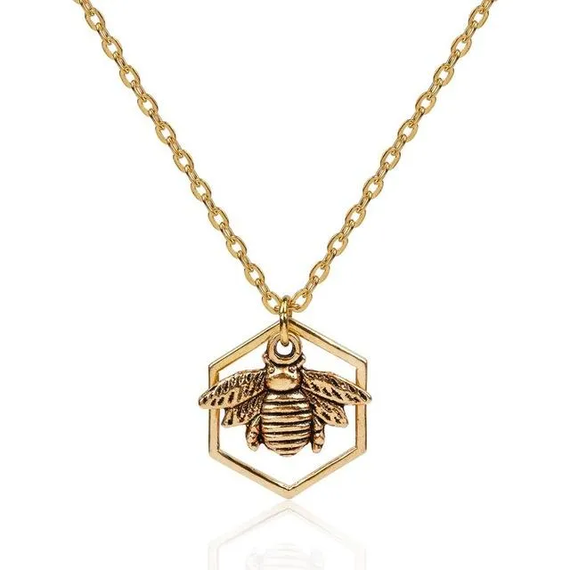Antique Gold Color Honeycomb Bee Hollow Pendant Necklace
