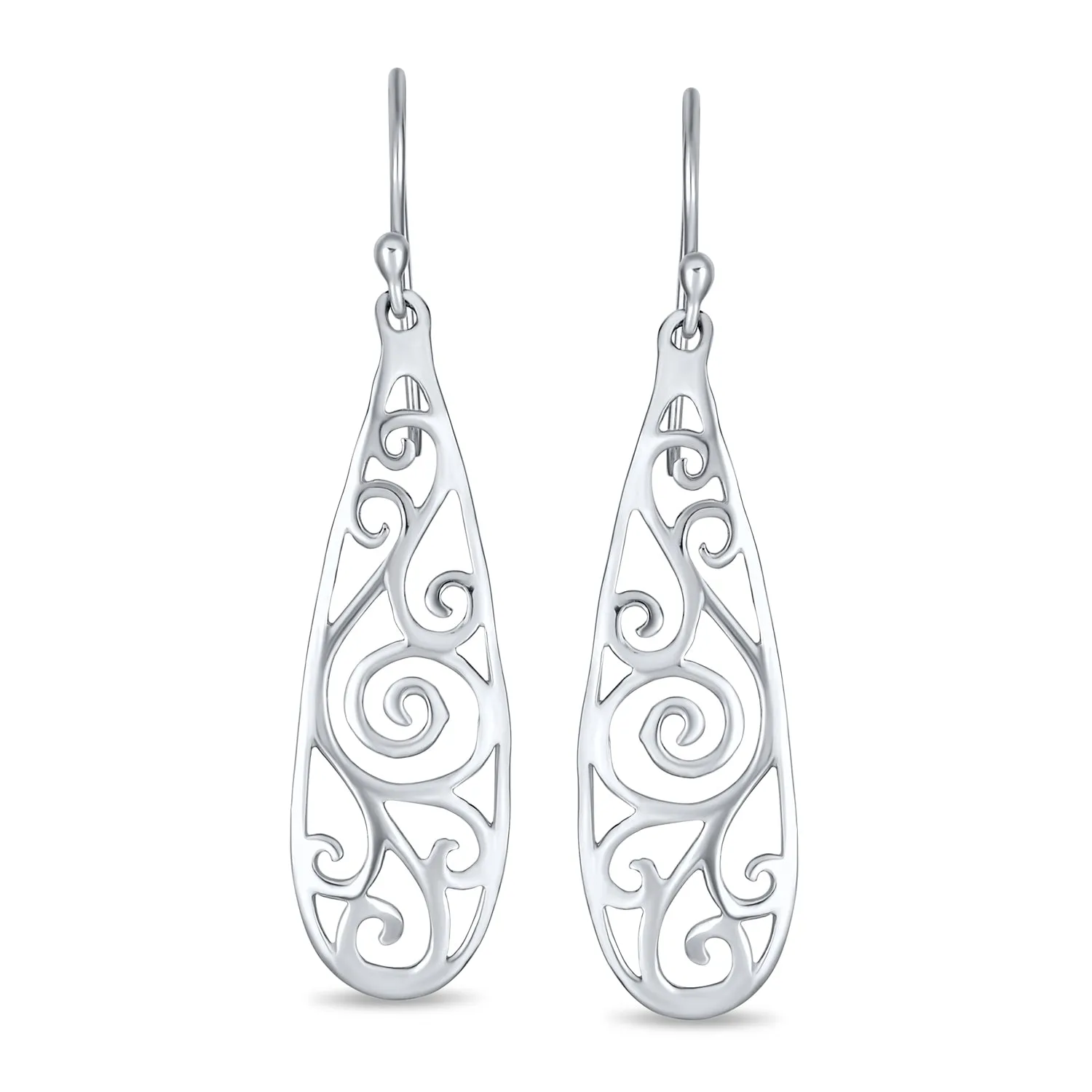 Balinese Boho Dangle Gemstone Earrings with Filigree Swirl in Sterling Silver
