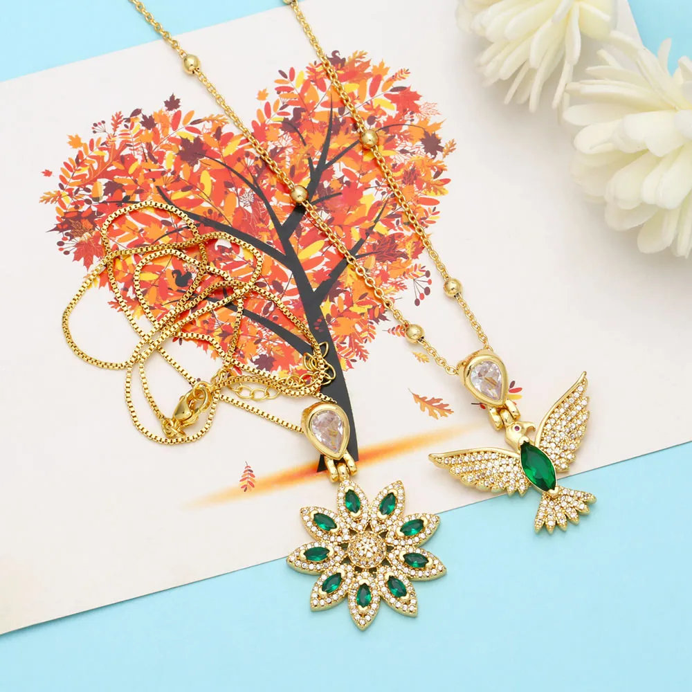 Big Green Crystal Flower Necklace for Women Copper Gold Plated Peace Dove Necklaces
