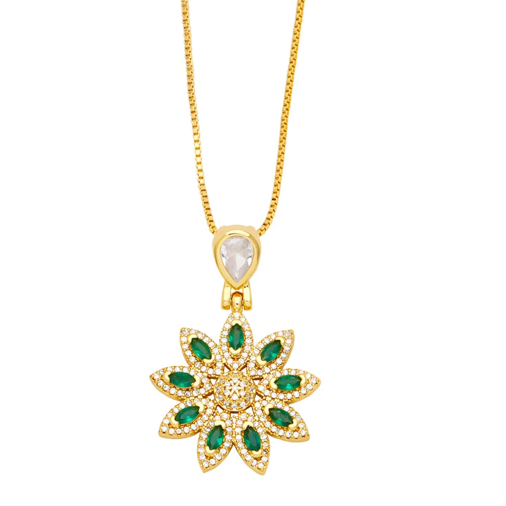 Big Green Crystal Flower Necklace for Women Copper Gold Plated Peace Dove Necklaces