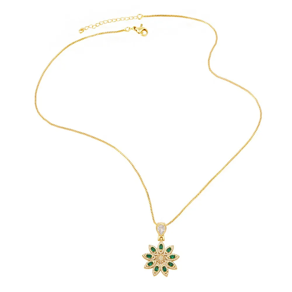 Big Green Crystal Flower Necklace for Women Copper Gold Plated Peace Dove Necklaces