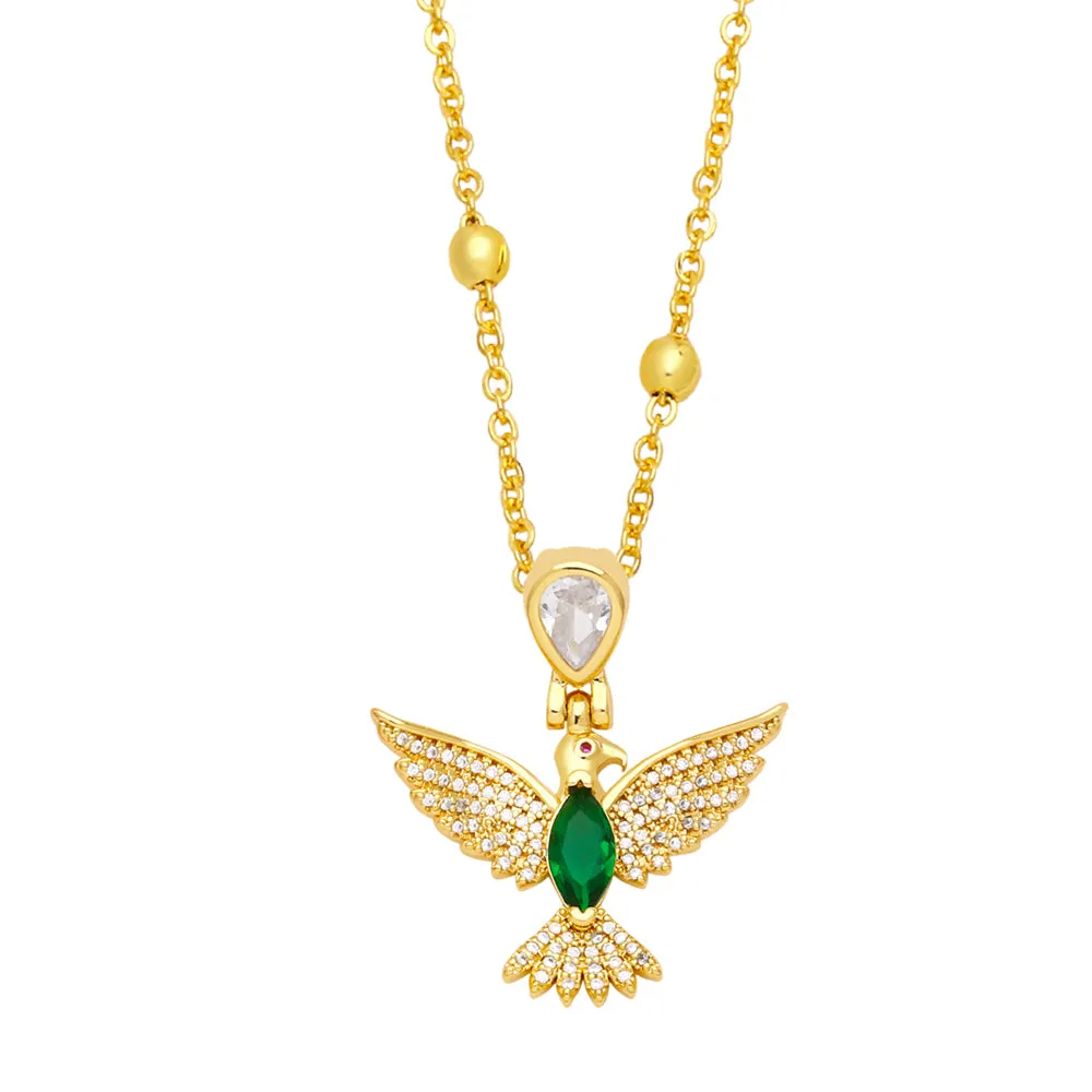 Big Green Crystal Flower Necklace for Women Copper Gold Plated Peace Dove Necklaces