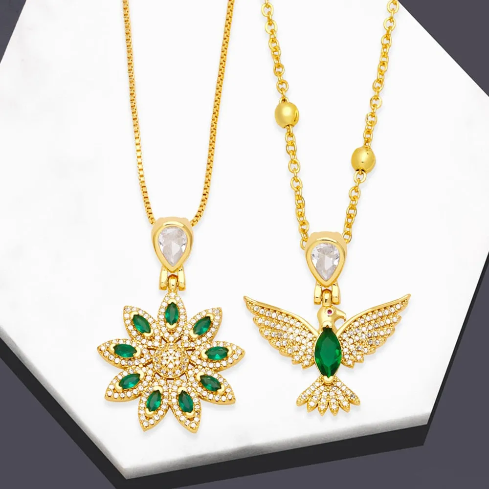 Big Green Crystal Flower Necklace for Women Copper Gold Plated Peace Dove Necklaces