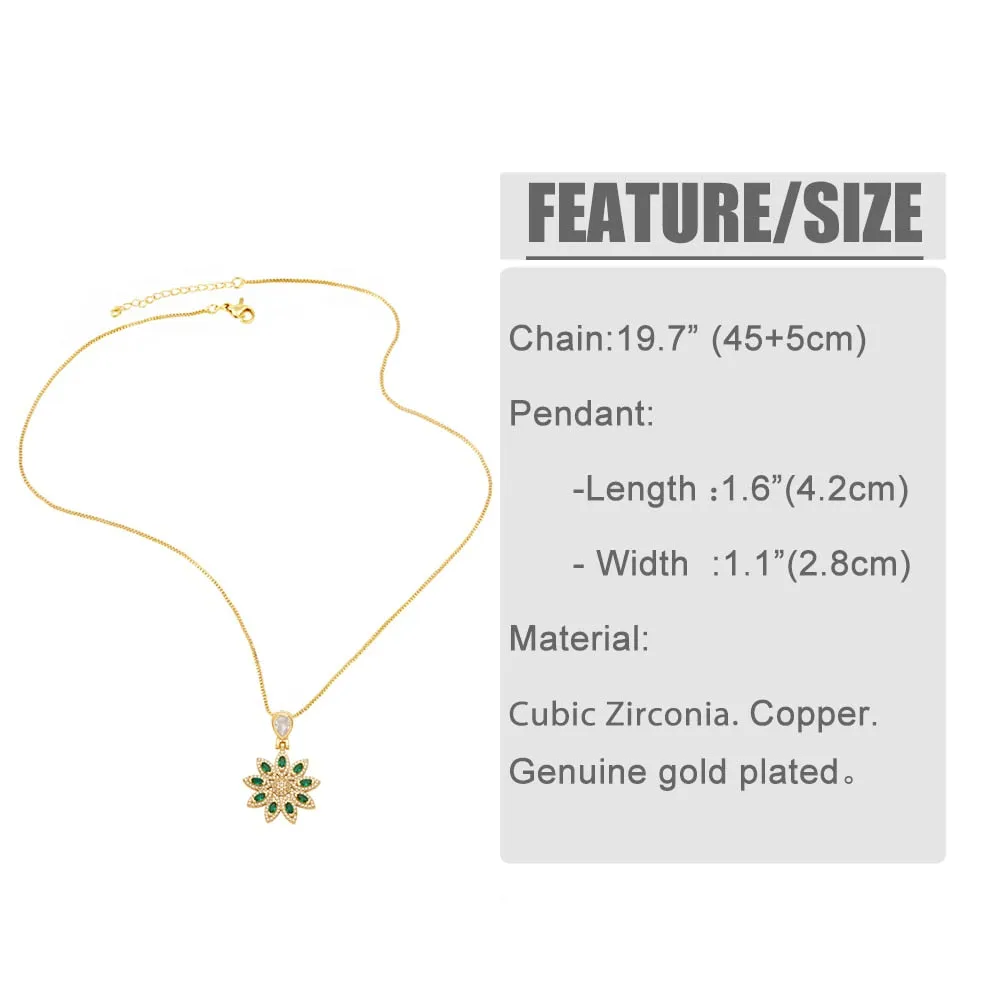 Big Green Crystal Flower Necklace for Women Copper Gold Plated Peace Dove Necklaces