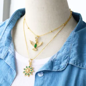 Big Green Crystal Flower Necklace for Women Copper Gold Plated Peace Dove Necklaces