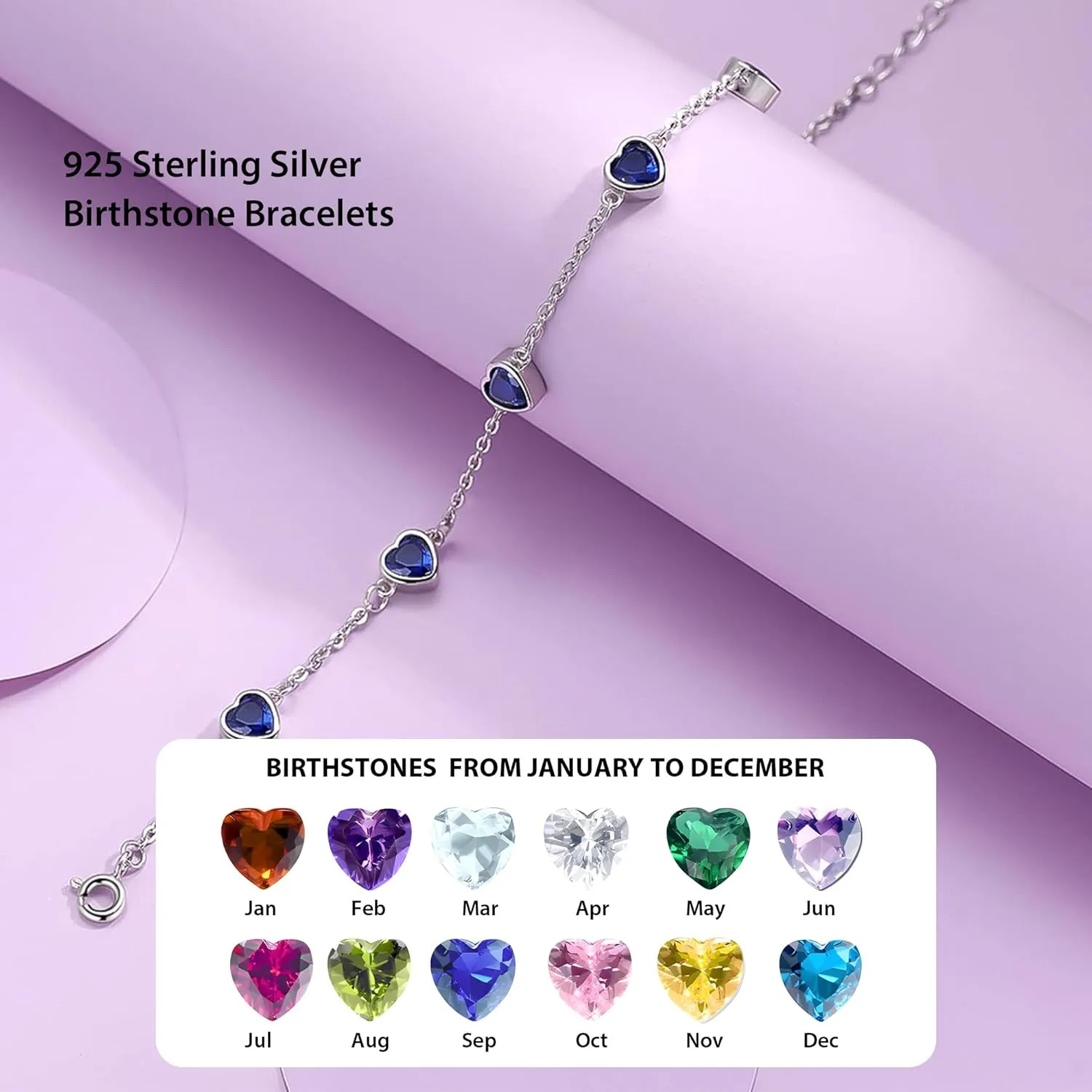 Birthstone Bracelets for women 925 Sterling Silver Diamond Heart Bracelet Link Birthstone Jewelry Gift for Women