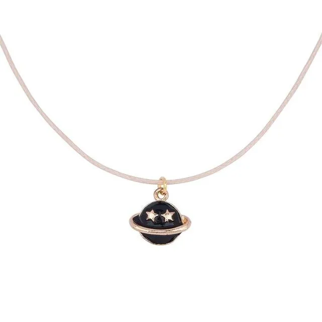 Black Enamel Saturn Pendant Necklace