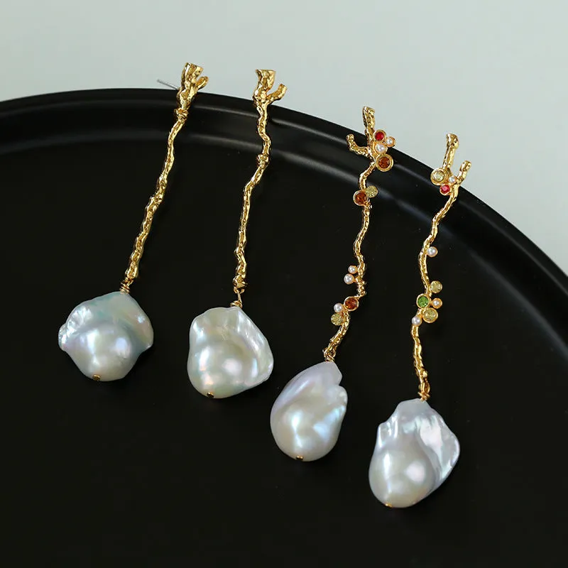 Branch Baroque Pearl Long Drop Earrings-With Diamond