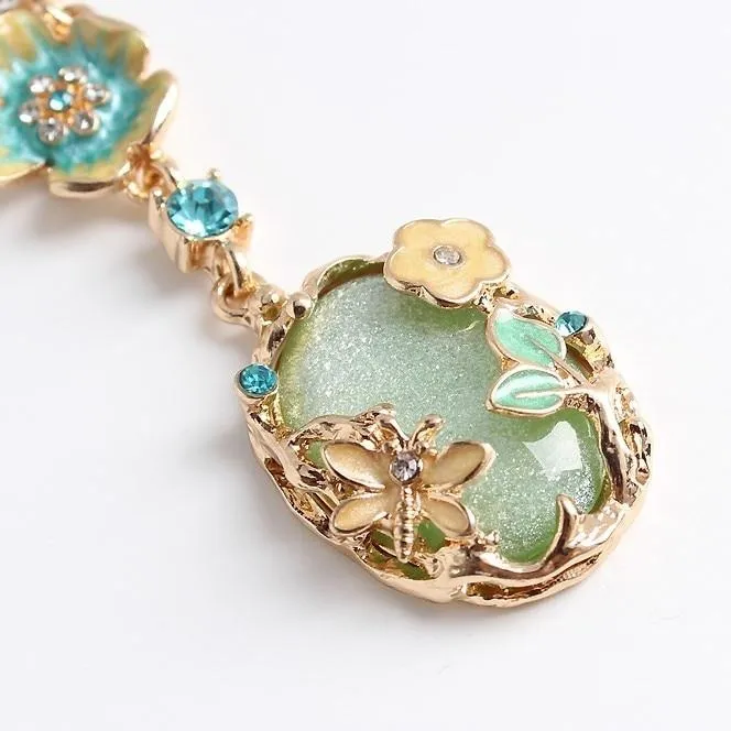 Butterfly Flower Glaze Green Stone Pendant Necklace