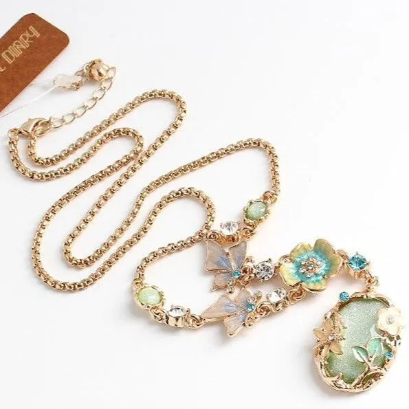 Butterfly Flower Glaze Green Stone Pendant Necklace