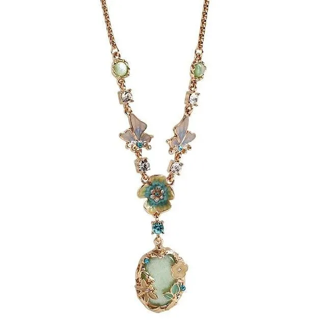 Butterfly Flower Glaze Green Stone Pendant Necklace