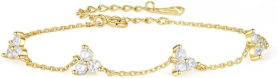 CAITLYNMINIMALIST 18K Gold Plated Sterling Silver CZ Diamond Lily Multi Charm Mini Dainty Cluster Station Bracelet for Women